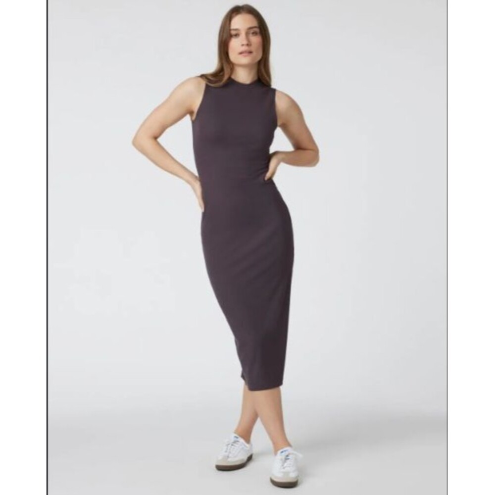 Vuori Brown Pose Stretch Ribbed Knit Sleeveless Athleisure Casual Midi Dress M